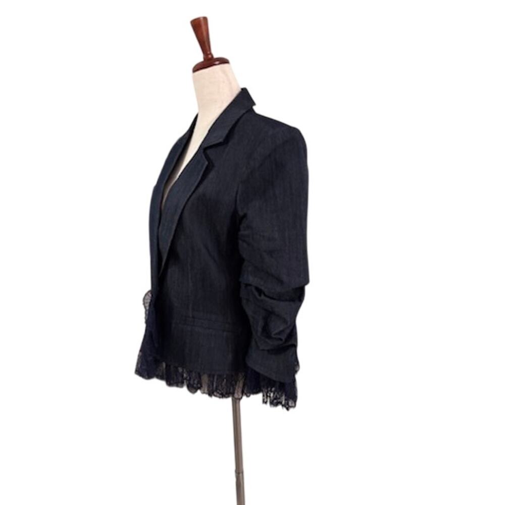 Cinq a Sept Denim Blazer Jacket Blue Lace Trim Ruched Sleeve Size 8 - Picture 2 of 10
